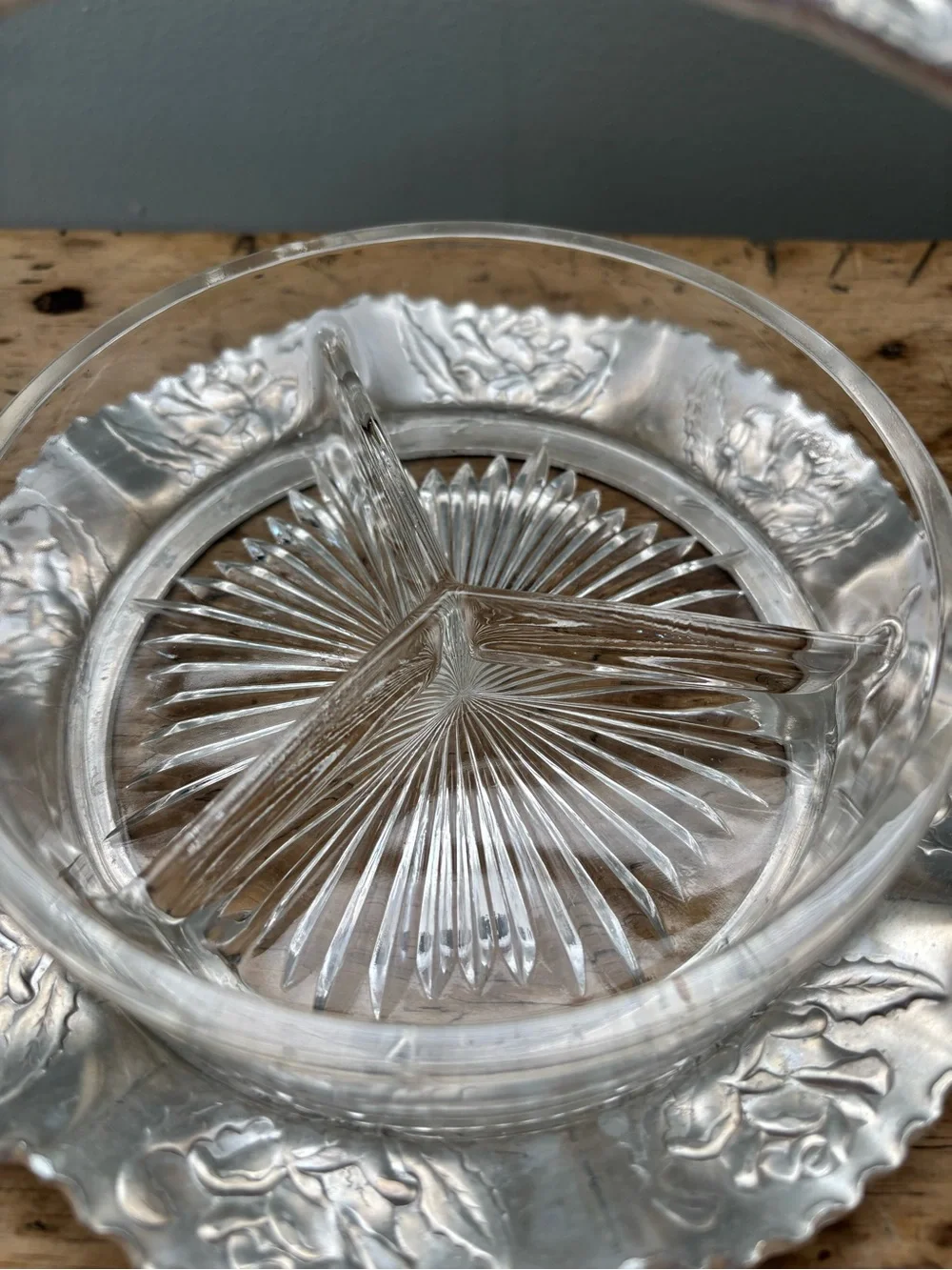 Vintage Hand Wrought Aluminum Handled Basket w/ Clear Etched Glass Covered Dish